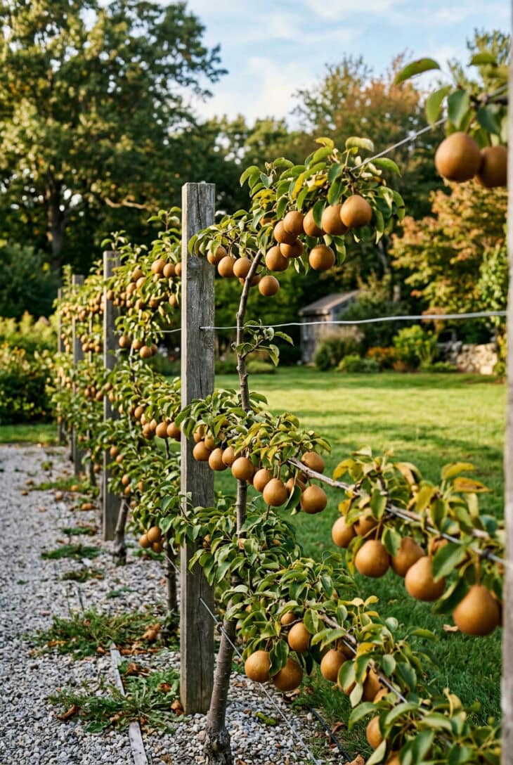Round golden-brown Asian pears hanging along level branches trained on a post-and-wire trellis above a gravel edge
