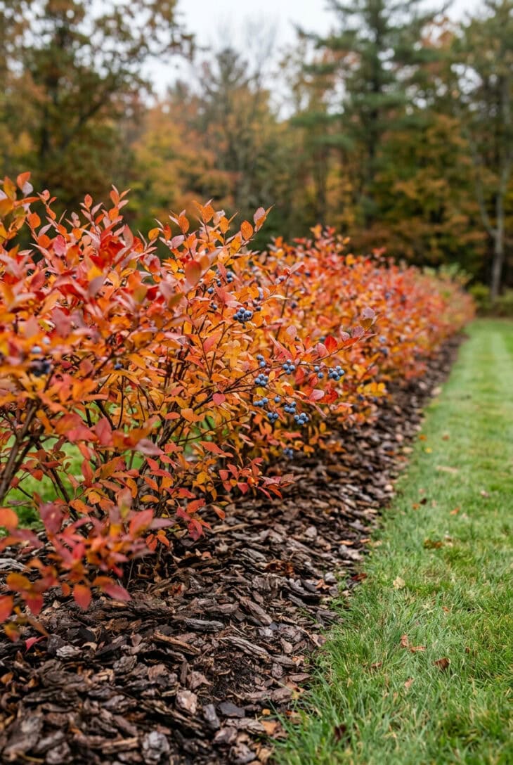 Row of highbush blueberry shrubs with red and orange fall foliage mulched with pine bark beside a grass path