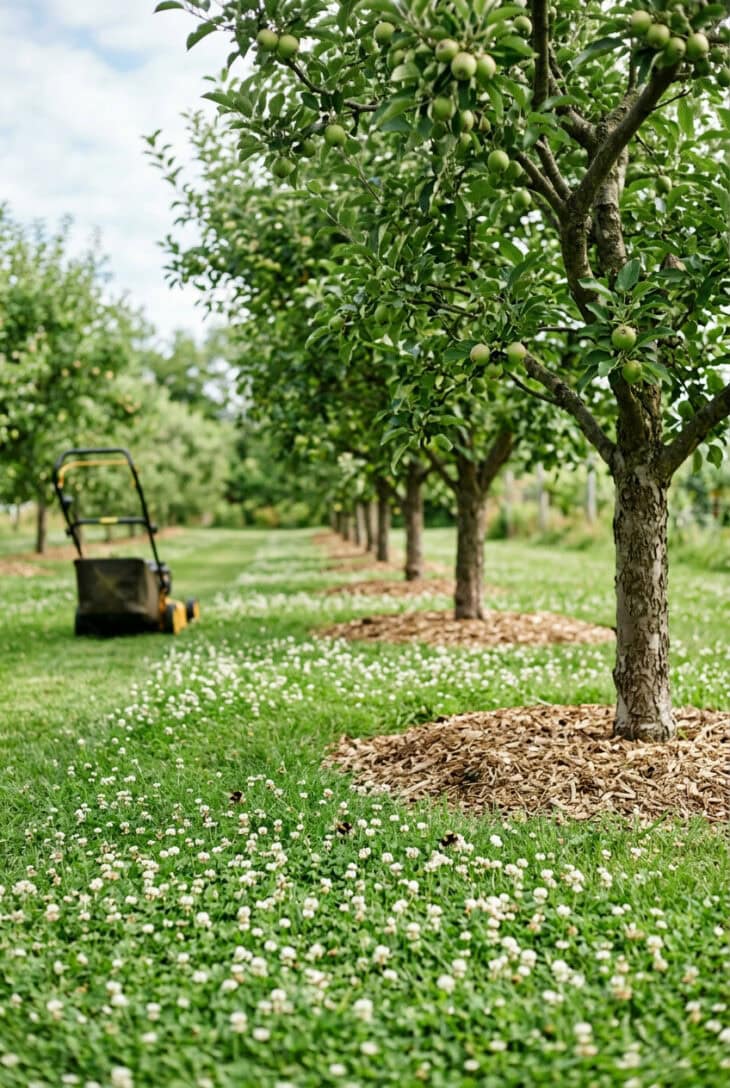 Row of fruit trees with a mown white clover understory and wood-chip circles around each trunk with bees on the flowers