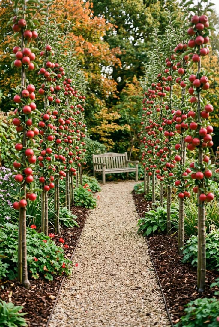 Narrow columnar apple trees laden with red apples lining both sides of a gravel garden path with a bench at the end