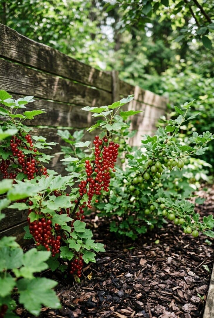 Red currant and gooseberry bushes with strings of translucent red currants in dappled shade beside a fence