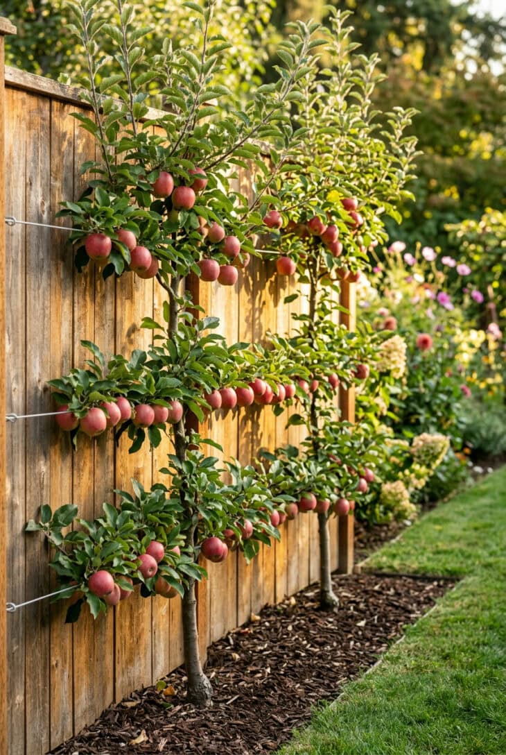 Two espaliered apple trees with horizontal tiers of branches and red fruit trained flat against a sunny wooden fence