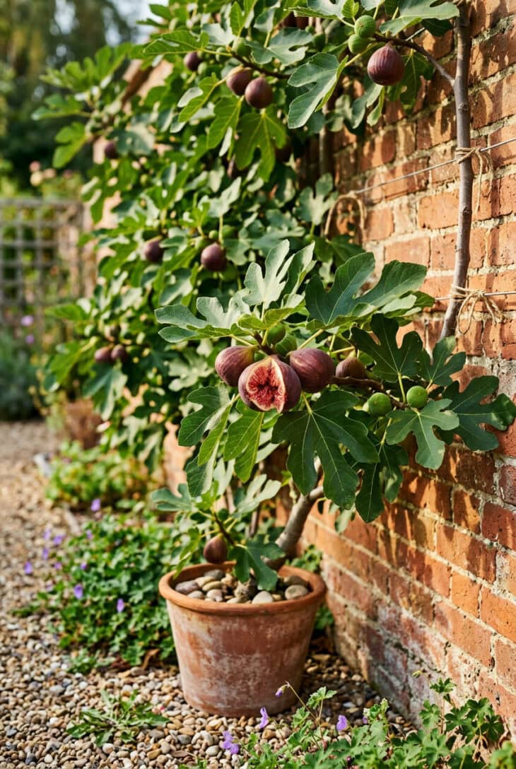 Fig tree trained against a sunny brick wall with ripe purple figs, one split open, above a gravel apron