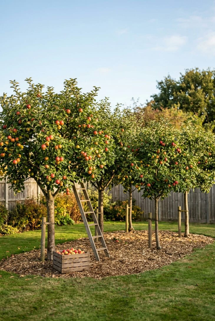 Five semi-dwarf apple trees loaded with ripe red and yellow apples in a lawn corner with a crate of apples and a wooden ladder