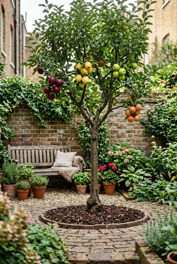 Small multi-grafted apple tree bearing red, yellow, green and striped apples in a brick-walled backyard