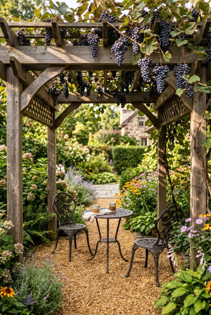 Cedar arbor covered in grapevines with bunches of purple grapes hanging over a table and two chairs