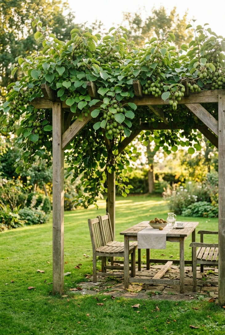 Pergola draped with hardy kiwi vines and clusters of small smooth green kiwi fruit hanging above a table
