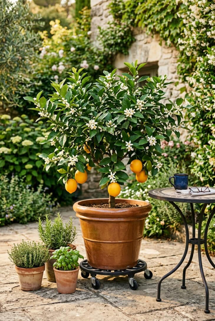 Meyer lemon tree in a glazed pot on a wheeled stand with lemons and white blossoms on a sunny stone patio