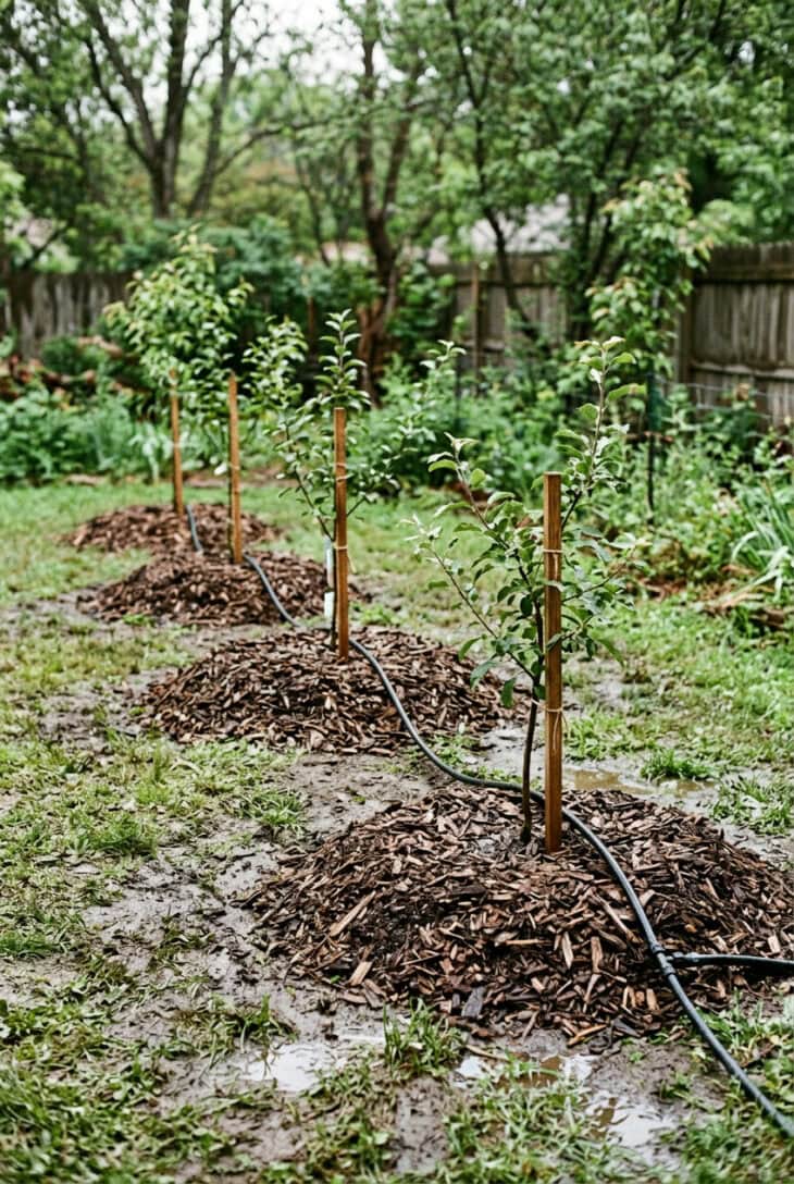 Young fruit trees planted on broad mulched mounds in a clay backyard with puddles between the mounds