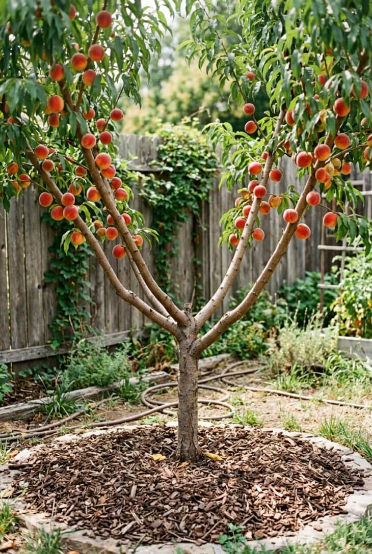 Open-center peach tree with ripe red and gold peaches on spreading limbs in a sunny backyard corner