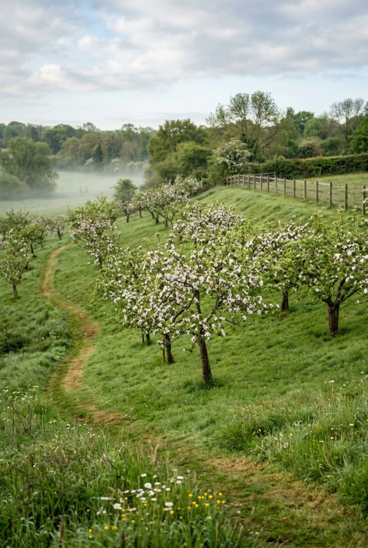 Apple trees in blossom on a gentle grassy slope with morning mist pooled in the low area at the bottom