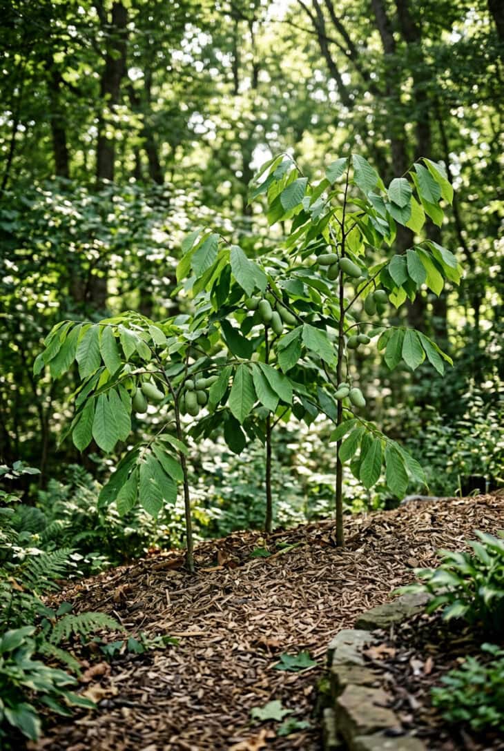 Young pawpaw trees with large drooping leaves and green fruit clusters in dappled shade