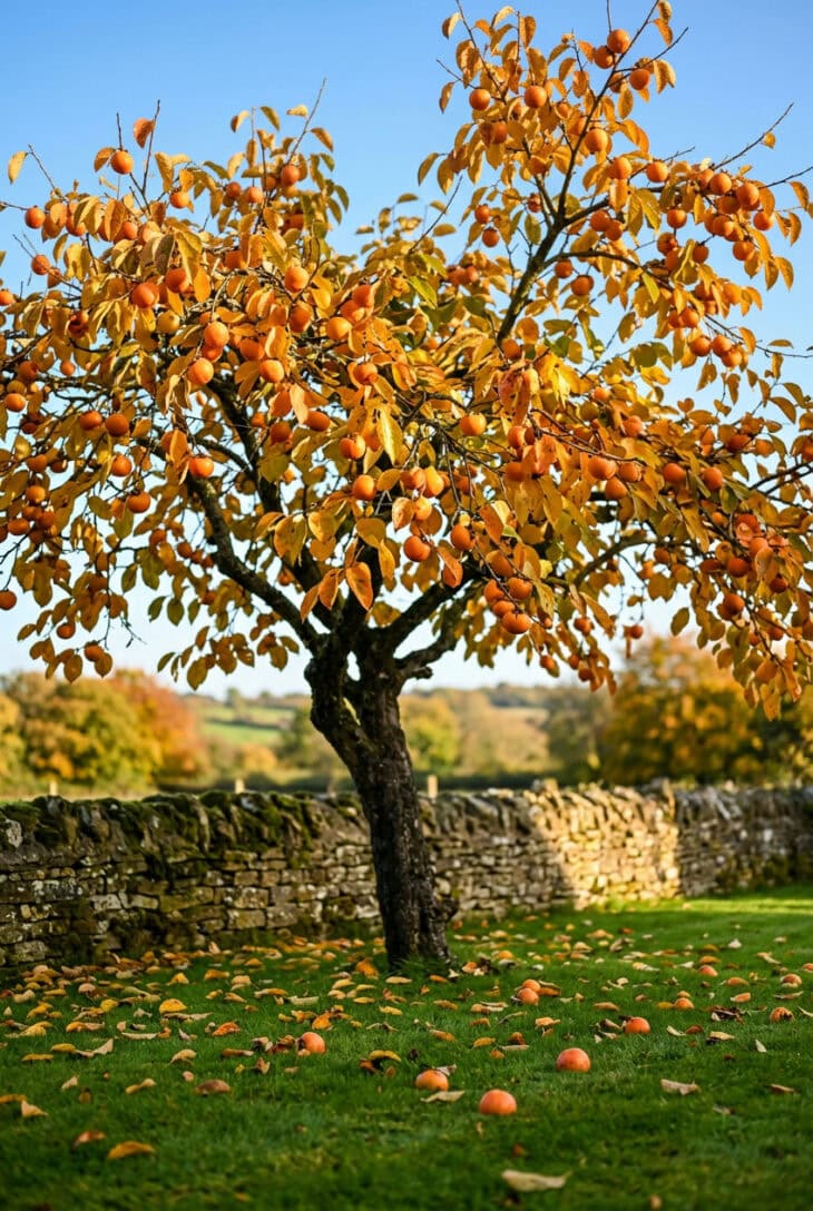 Persimmon tree with bright orange fruit among golden-yellow leaves in late October