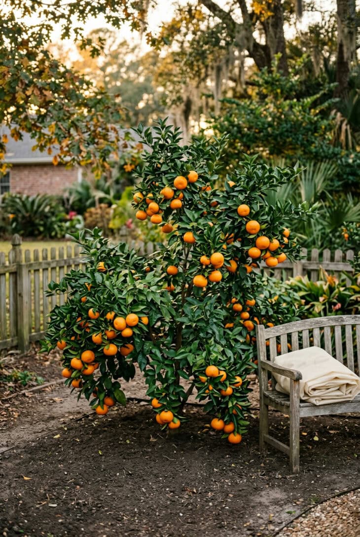 Satsuma mandarin tree with orange fruit and glossy leaves in a backyard with a folded frost cloth on a bench