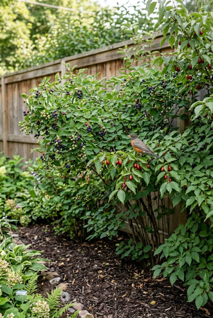 Multi-stemmed serviceberry and cornelian cherry shrubs with purple and red fruit forming a screen along a fence