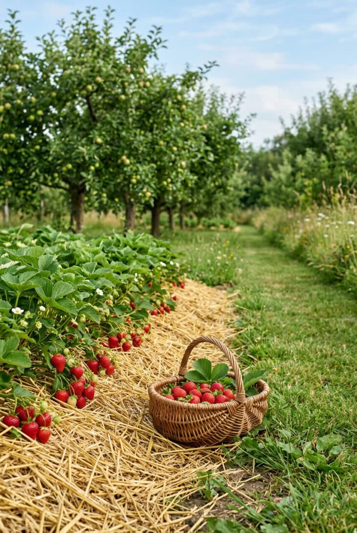 Strawberry bed mulched with straw with ripe red berries at the edge of a small orchard