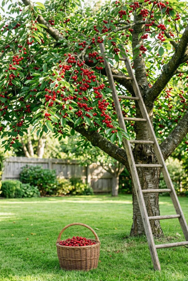 Tart cherry tree covered in bright red cherries with a ladder in the branches and a basket of fruit on the grass