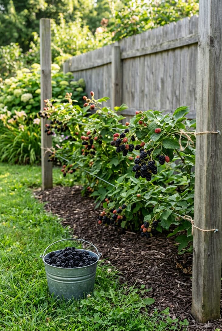 Thornless blackberry canes tied to horizontal wires on posts with ripe black berries and a bucket of picked fruit