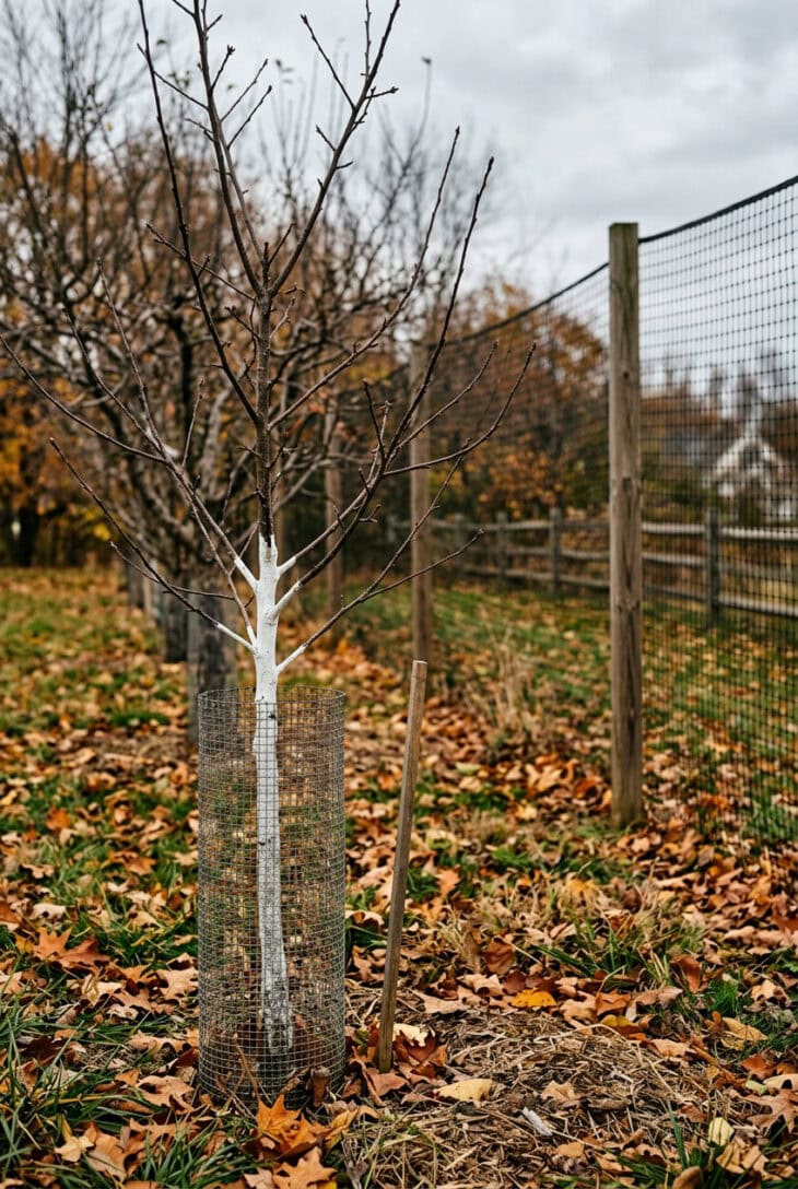 Young apple tree with a hardware cloth trunk guard and a tall deer fence behind it in a fall orchard