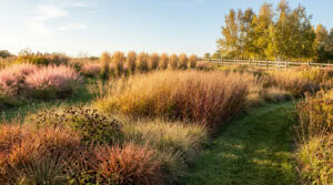 Naturalistic fall garden of backlit switchgrass, pink muhly, little bluestem and feather reed grass along a curving mown path