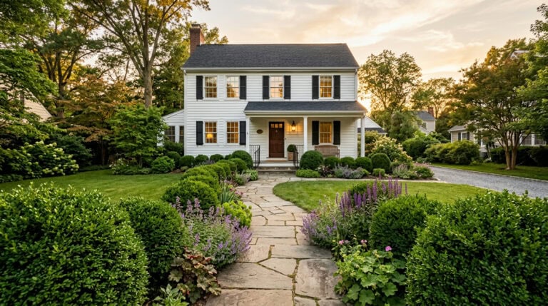 Clipped boxwood hedges and rounded boxwood shrubs along a front walk of an American suburban house