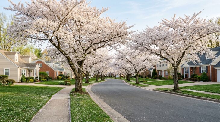 Street lined with flowering cherry trees in full bloom in an American suburb in early spring