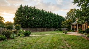 A tall row of Leyland cypress trees along the edge of a large American yard at golden hour