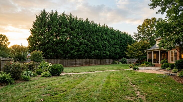 A tall row of Leyland cypress trees along the edge of a large American yard at golden hour
