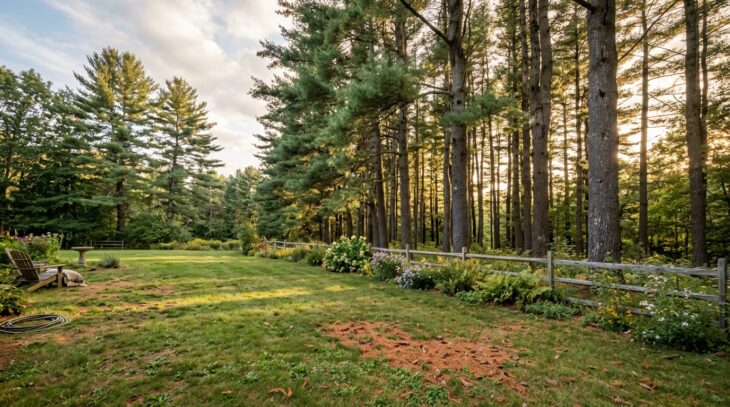 Tall eastern white pines at the edge of a large backyard lawn in warm late afternoon light