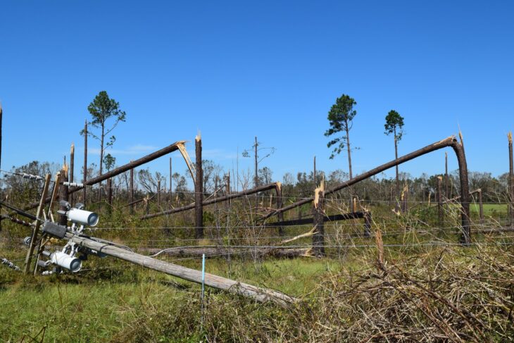 Pine trunks broken off partway up beside a fallen utility pole