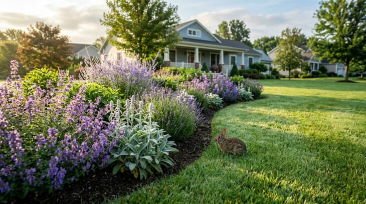 Cottontail rabbit on a dewy lawn beside a garden bed of catmint, lavender, lamb's ear and Russian sage