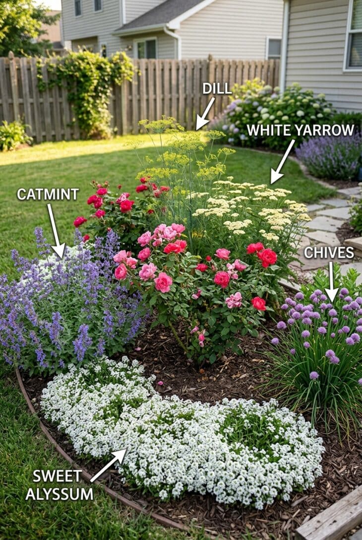 Companion planting diagram for roses with sweet alyssum, catmint, and yarrow labeled
