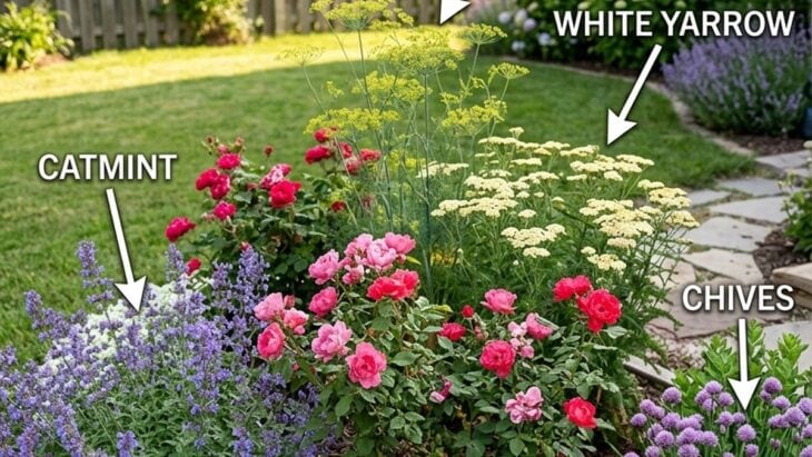 Pink and red shrub roses in a mulched backyard bed with blue-violet catmint, white yarrow and purple-flowered chives