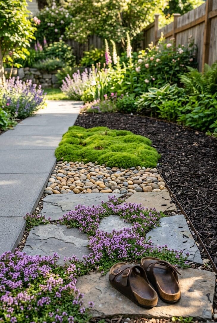 Garden path in sections of flagstone with thyme, river pebbles, green Irish moss and shredded bark beside a smooth paver walk