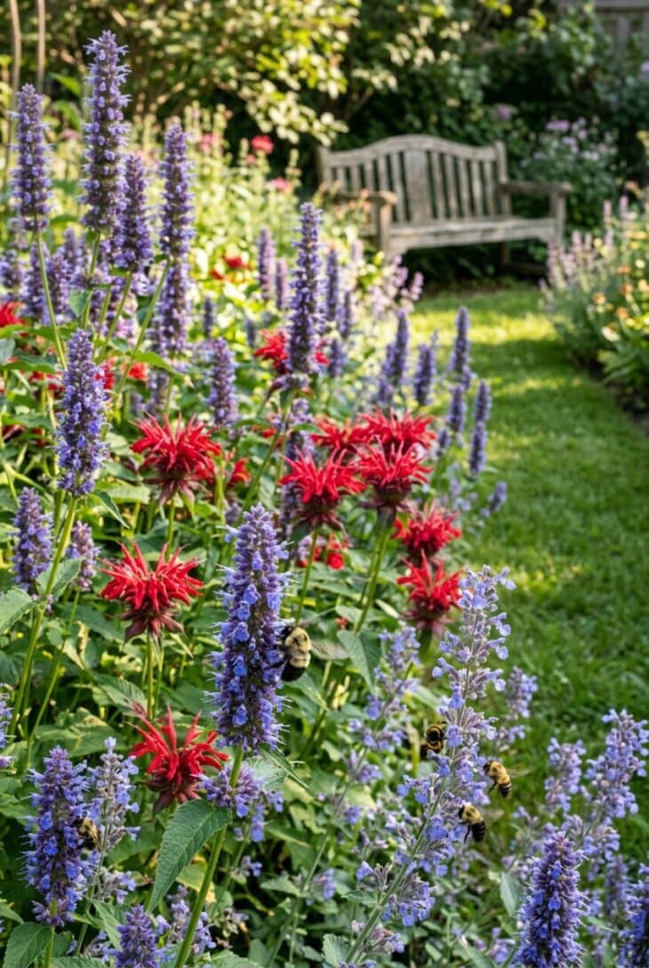 Purple anise hyssop, scarlet bee balm and blue catmint with bumblebees feeding, and a bench a few steps away