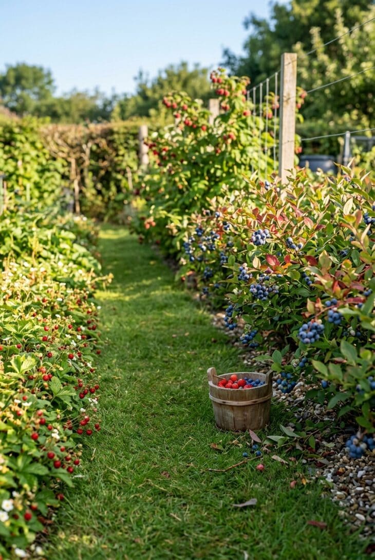 Grass path edged with alpine strawberries and ripe blueberry bushes, a small bucket of berries and raspberry canes ahead