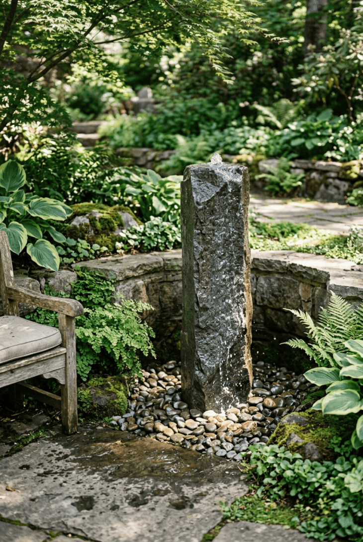 Gray basalt column fountain bubbling over smooth river pebbles beside ferns and a low garden bench