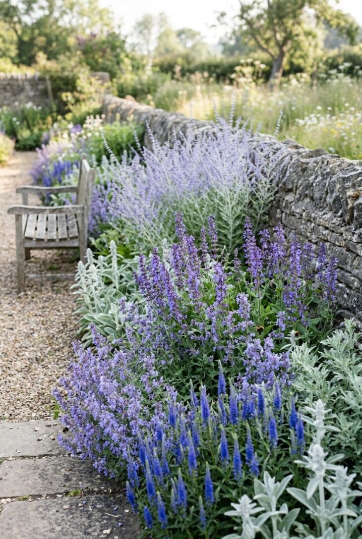 Border of violet-blue salvia, catmint, Russian sage and speedwell along a gray stone wall with silver-green foliage