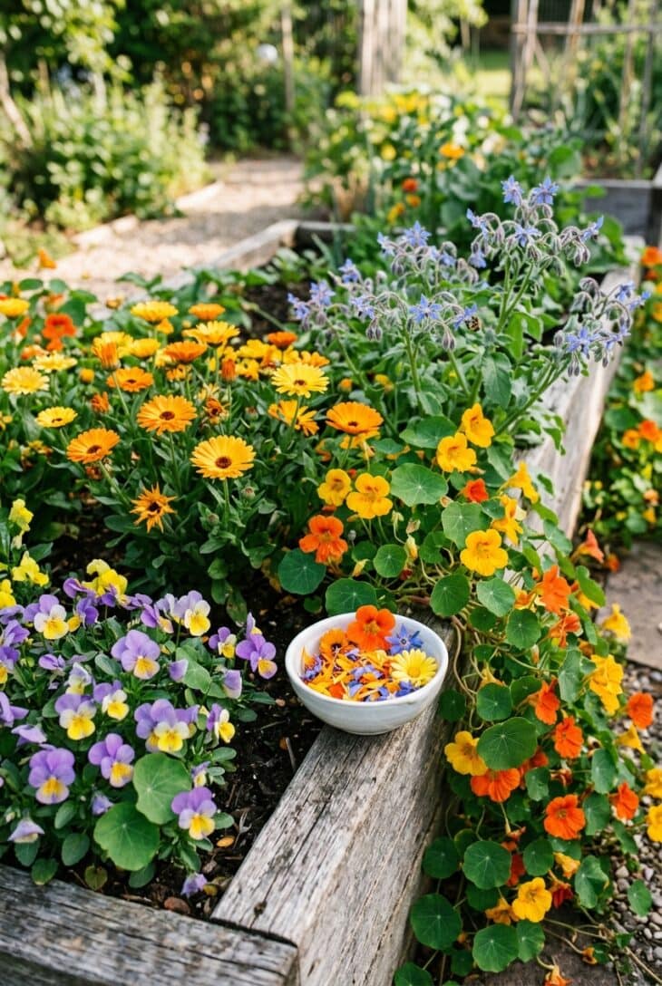 Raised bed of orange nasturtiums, calendula, purple and yellow pansies and blue borage with a bowl of picked flower petals