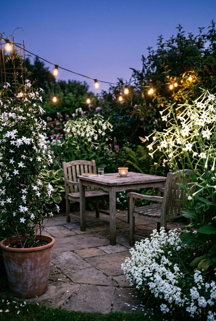 Stone patio at dusk with a table and chairs among white flowering tobacco, jasmine on a trellis and night-scented stock
