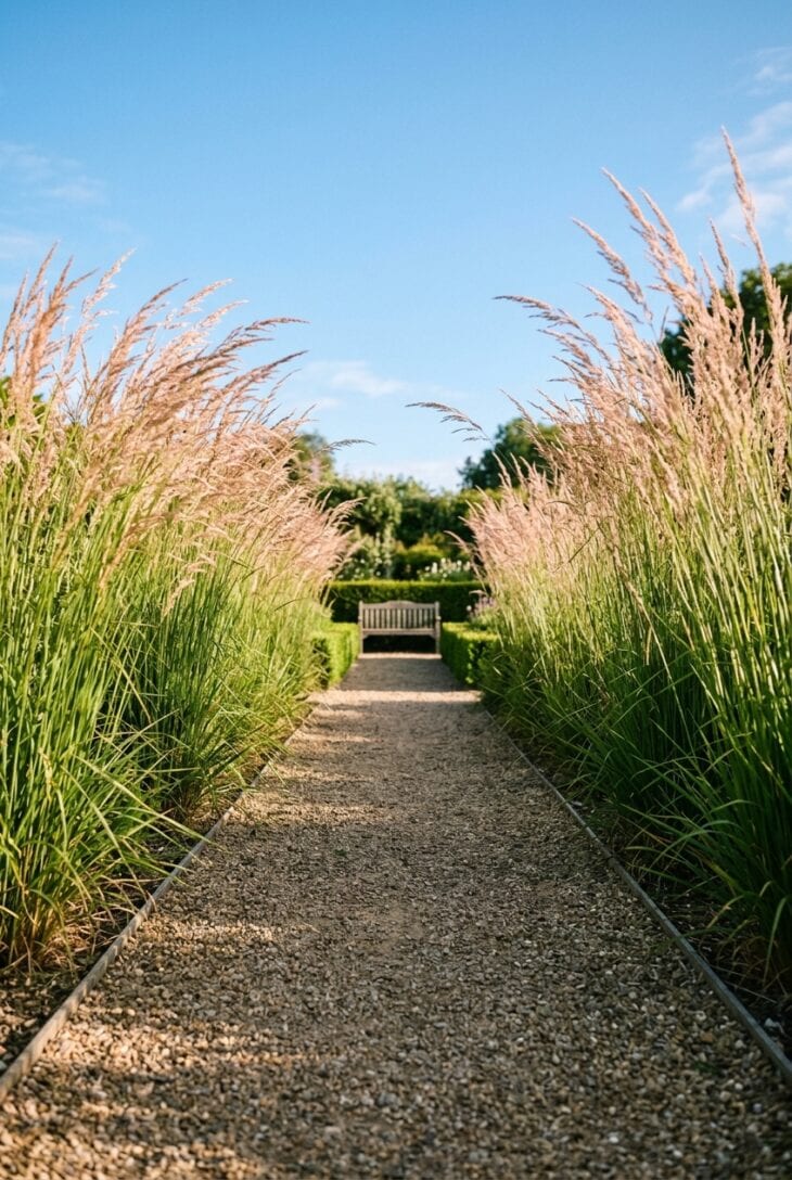 Tall upright feather reed grass with feathery plumes lining a gravel walk that leads to a wooden bench