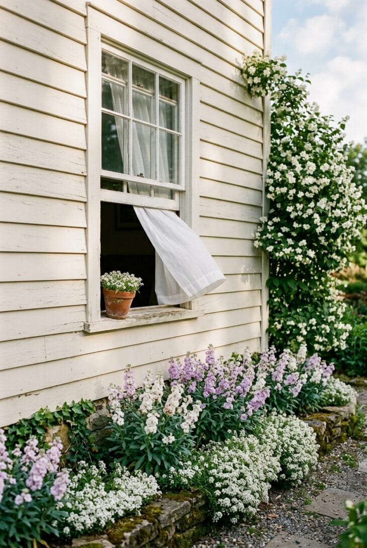 Open window above a bed of white sweet alyssum and lilac stock with a flowering mock orange shrub at the corner of the house