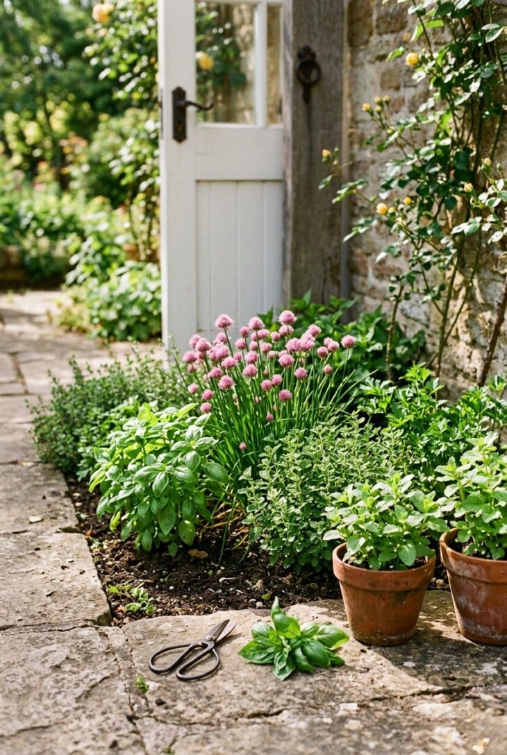 Small herb bed beside a patio with basil, flowering chives and oregano, and mint and lemon balm in terracotta pots