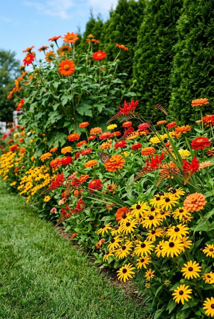 Sunny summer border of orange Mexican sunflowers, zinnias, golden black-eyed Susans and red crocosmia against a green hedge