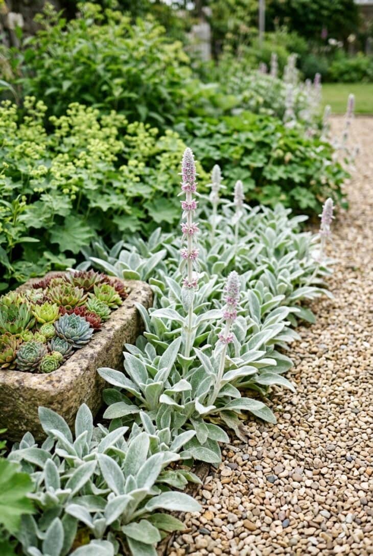 Soft silver-gray lamb's ear leaves spilling over the edge of a gravel path beside hens and chicks rosettes