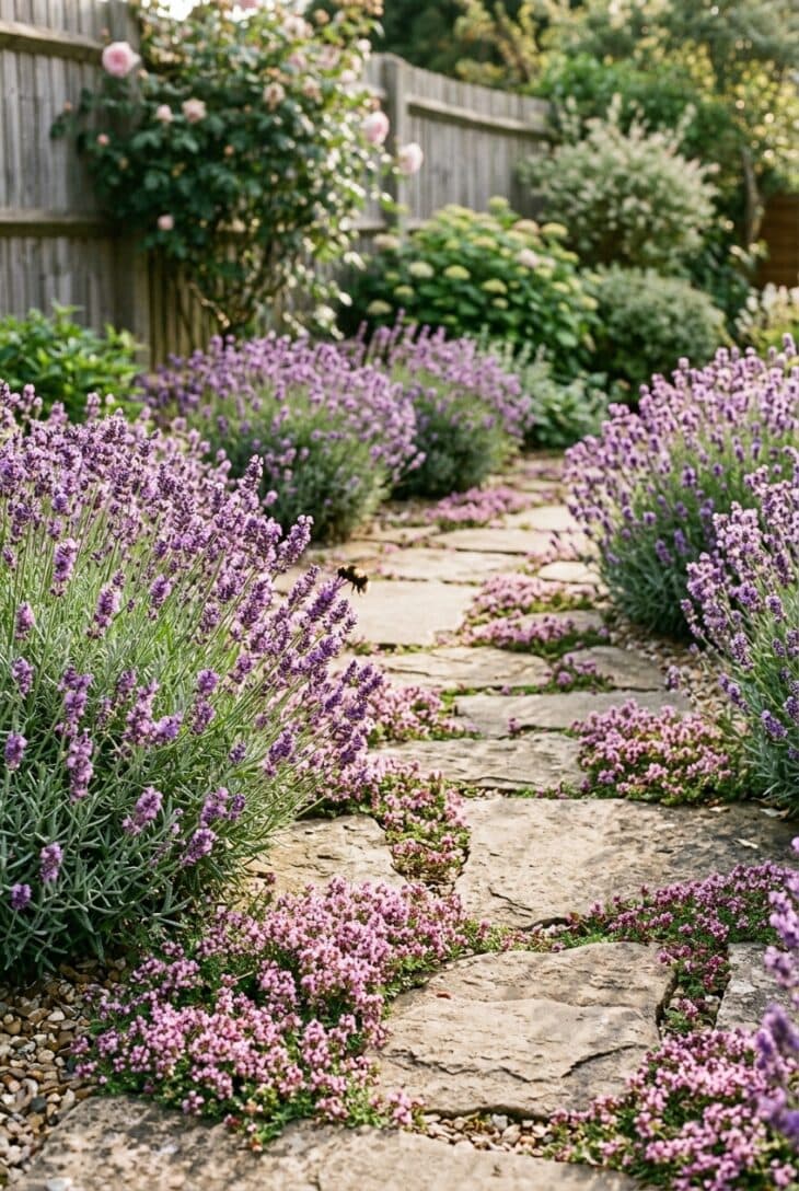 Flagstone garden path lined with flowering purple lavender mounds and creeping thyme growing between the stones