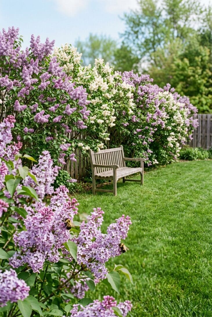Row of lilac shrubs in full bloom with purple and white flower clusters forming a hedge behind a garden bench