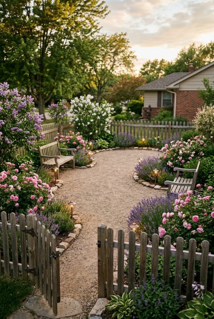 Fenced garden with a smooth looped path, armchair-style benches and lilacs, roses and lavender along the edges
