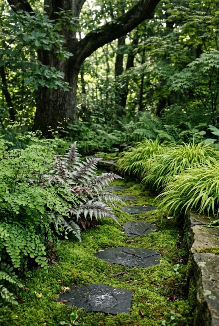 Shady garden corner with a green moss carpet, stepping stones, maidenhair and painted ferns and arching Japanese forest grass