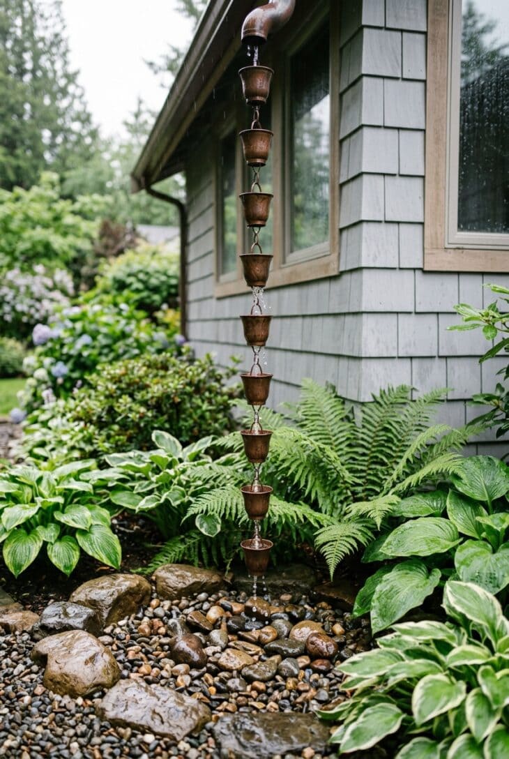 Copper cup rain chain pouring rainwater into a bed of river rocks edged with ferns beside a gray house wall